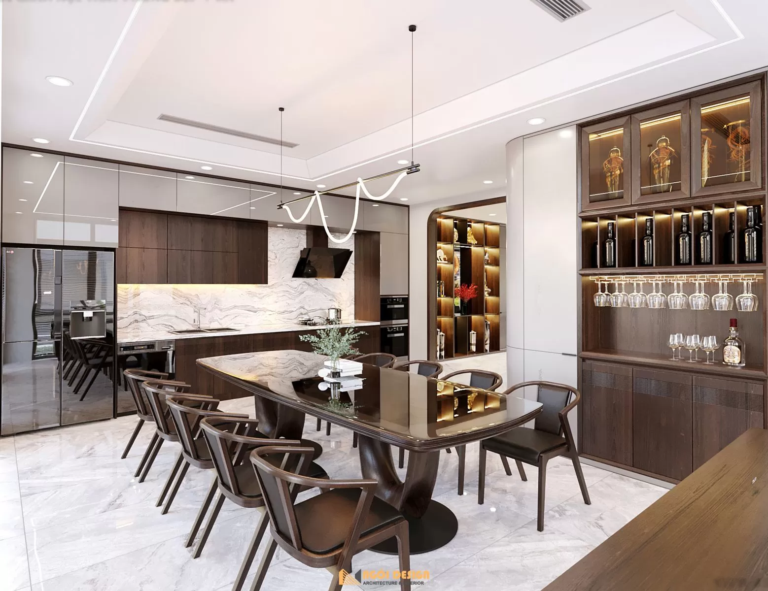 Không gian phòng bếp được thiết kế để tạo cảm giác ấm áp, thanh lịch.