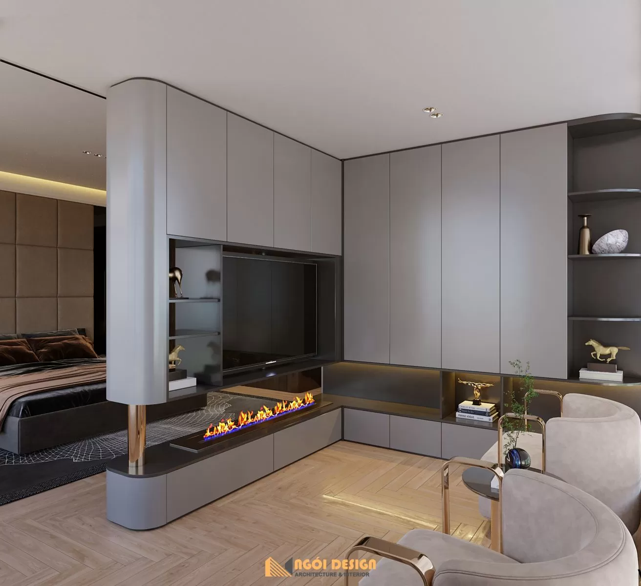 Nội thất gỗ tôn lên vẻ đẹp sang trọng, quý phái cho căn phòng.