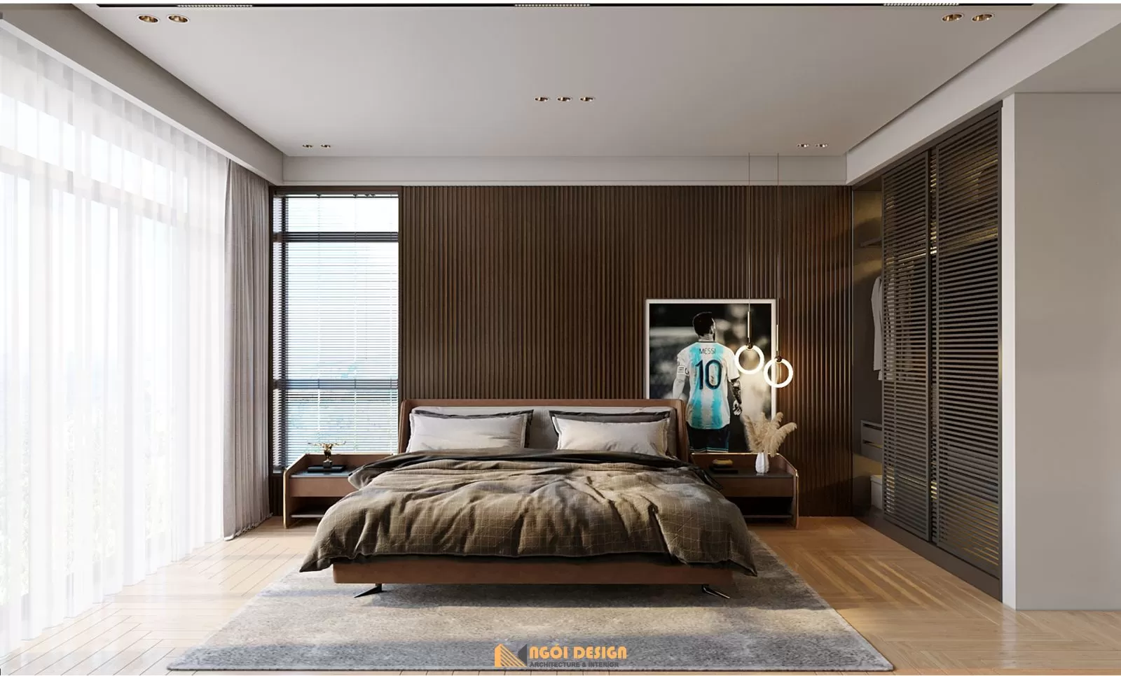 Kiến trúc sư đã sử dụng màu sắc đậm làm chủ đạo kết hợp bố trí vật dụng gọn gàng, tối giản, đưa chủ nhân đến với những trải nghiệm về một cảm xúc không gian ấm áp mà vẫn phóng khoáng.