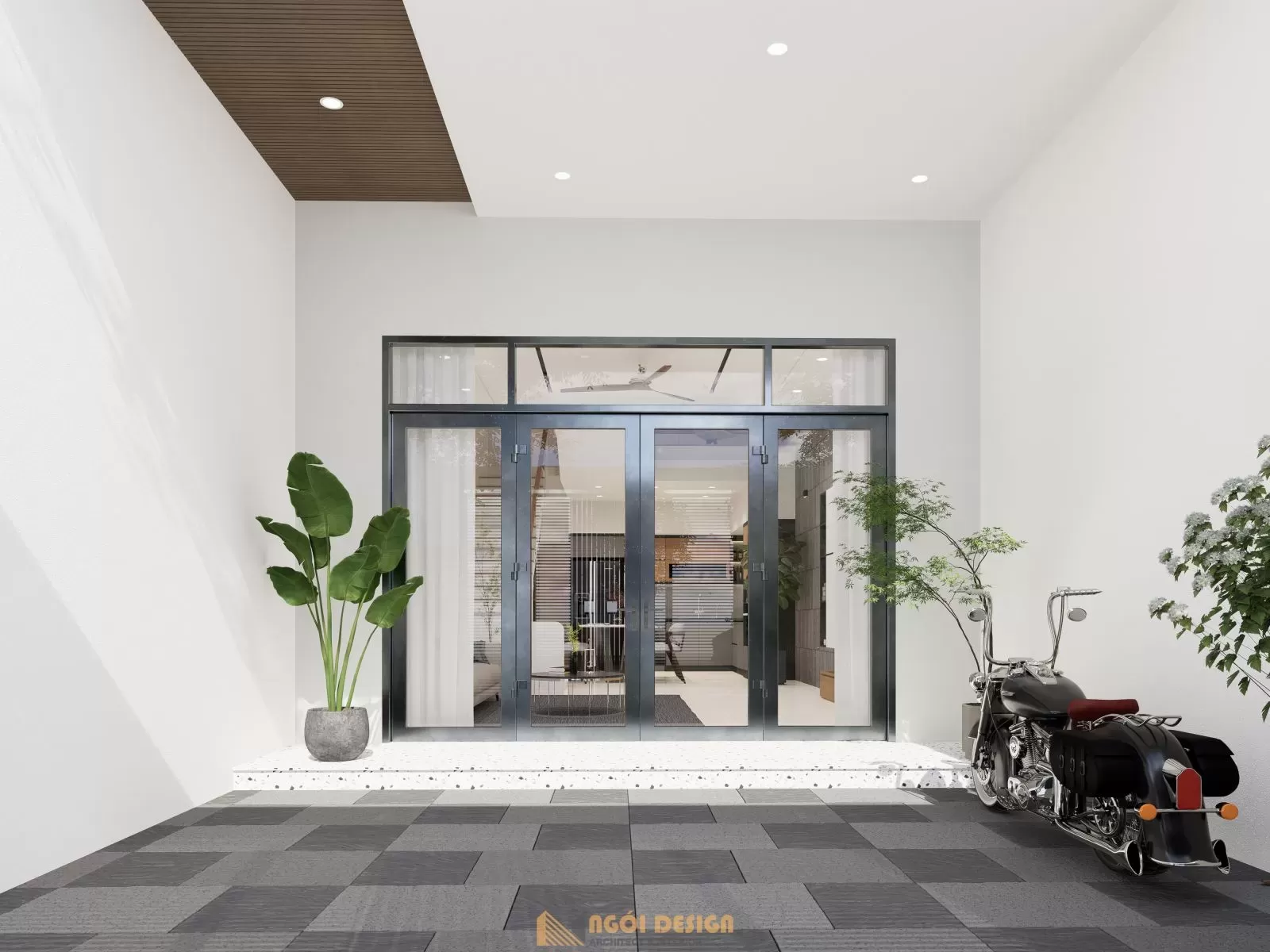 Xung quanh nhà là cây cối rợp mát, công trình dường như được đắm mình trong vòng tay của thiên nhiên xanh tươi