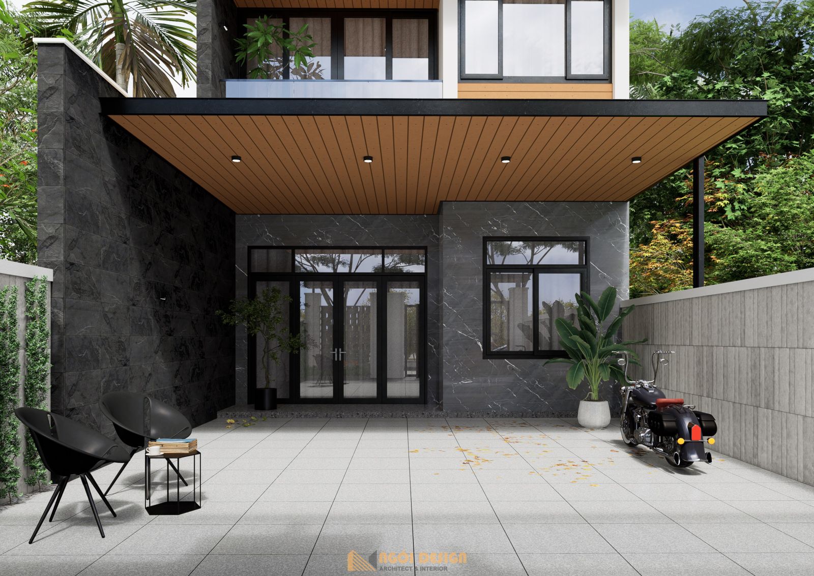 Hệ cửa kính mở rộng không gian bên trong và gắn kết với khung cảnh bên ngoài.